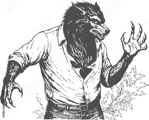 Werewolf transformation in human clothing with fierce expression and clawed hands