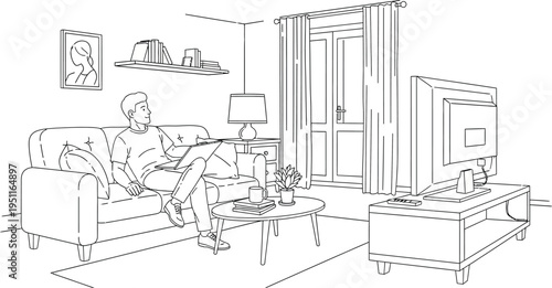 Man relaxing comfortably on a modern sofa while working remotely on a laptop computer indoors