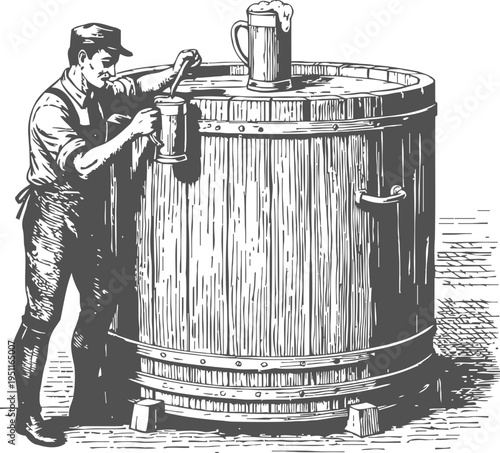 Brewer filling beer mug from large wooden beer barrel vintage engraving illustration