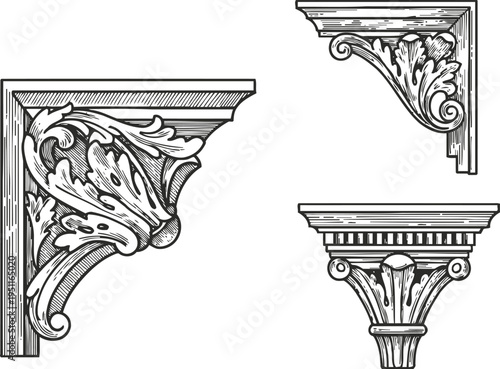 Vintage architectural corbels set with decorative ornamental classical elements and intricate floral patterns