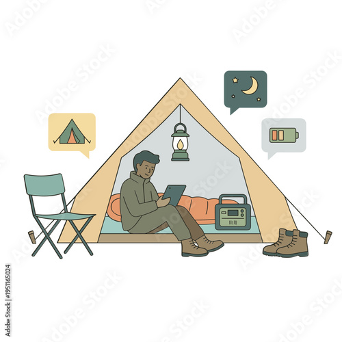 Man camping alone at night in a tent with a laptop and lantern