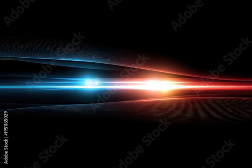 Abstract digital art featuring glowing blue and red lines on a black background with a bright light in the center suggesting technological advancement and data flow