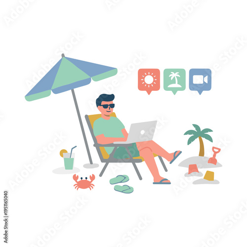 Man working on laptop at beach under umbrella with crab nearby