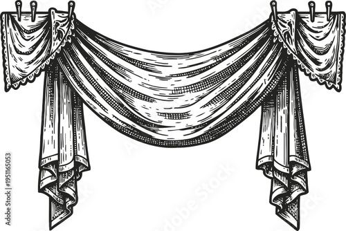 Vintage draped curtain with tassels and ornate hanging design in classic