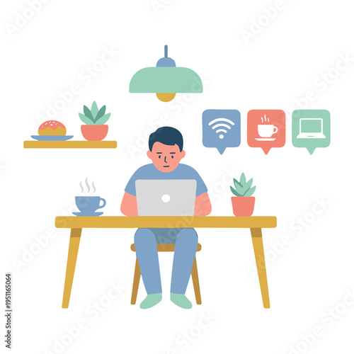 Man working on laptop at desk with plants and food nearby indoors