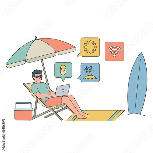Man relaxing on beach with laptop under colorful umbrella and surfing