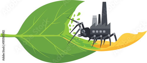 Mechanical spider with factory body on large green leaf, industrial pollution concept, nature vs industry, ecological impact, environmental warning