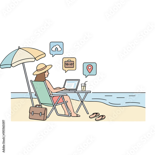 Woman works on laptop at beach resort with umbrella and luggage nearby