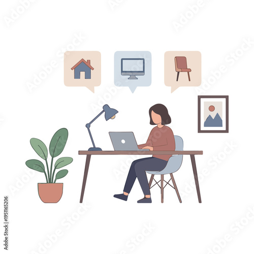 Woman sitting at desk with laptop and lamp in home office environment
