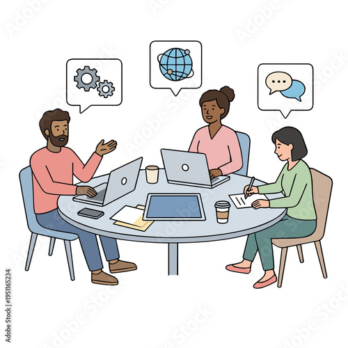 People sitting around a table with laptops discussing business