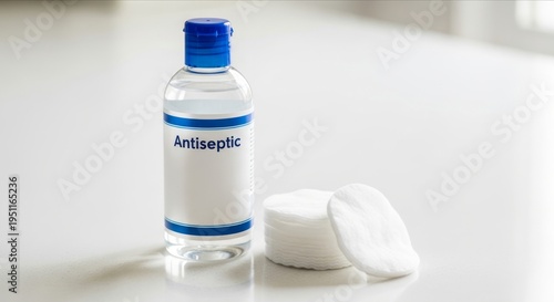 Antiseptic Solution with Cotton Pads on a Clean White Surface