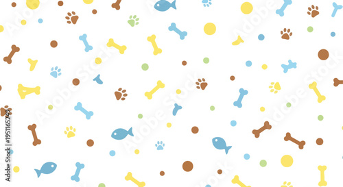 Pet care accessories seamless pattern with dog bones paw prints fish icons and colorful balls on transparent background