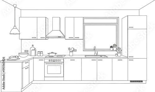 Black and white line art drawing depicts a fully equipped modern kitchen interior with appliances and cabinetry.