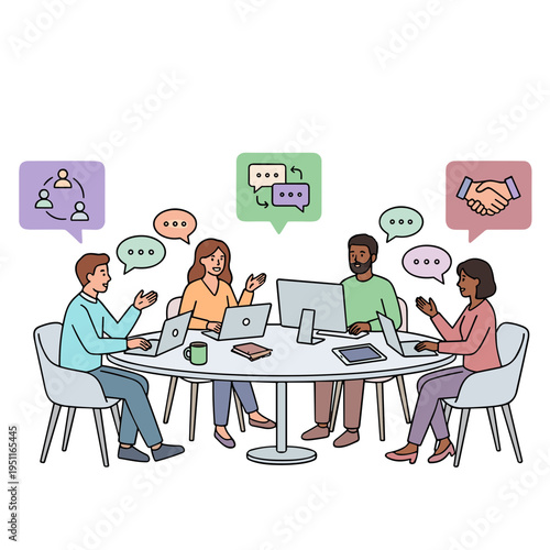 Colleagues discuss and collaborate on laptops around a meeting table