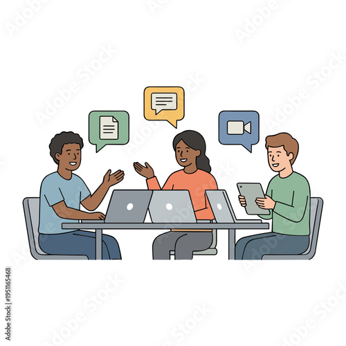 People discuss and collaborate on laptops at a table indoors