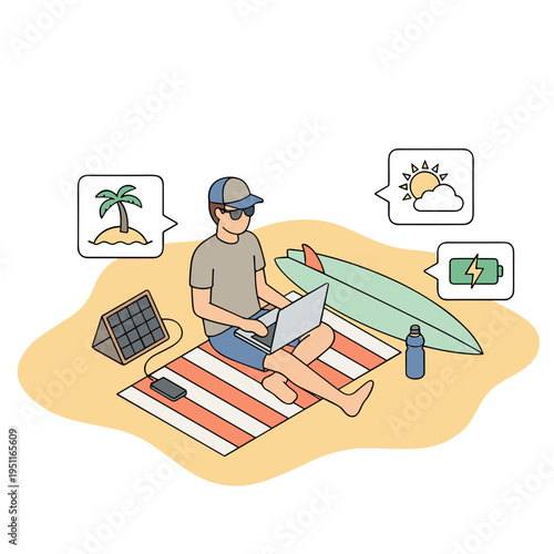 Man works on laptop at beach with solar panel and surfboard nearby