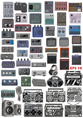 Professional Audio Gear and Music Production Vector Set. Realistic Mixing Consoles, Amplifiers, Boomboxes, and Studio Equipment.