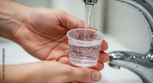 Close-up of Hands Filling Cup with Sparkling Water from Tap