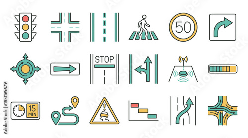 Traffic signs and signals displayed on a road for safety and guidance purposes every day.