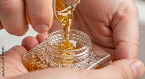 Hands Pouring Honey from a Glass Jar into a Transparent Container