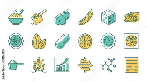 A colorful illustration showcasing various food items and symbols related to nutrition and science in a vibrant and educational setting with icons of BOA.