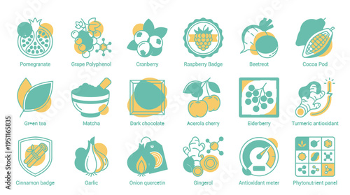 Vibrant icons showcase various fruits and food items in a colorful arrangement on a clean surface for healthy eating.