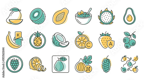 A colorful illustration of various fruits arranged in rows on a clean surface