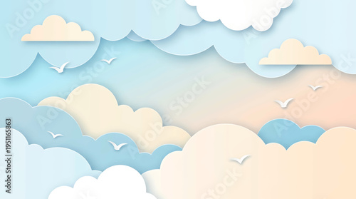 Vivid Sky Abstract Serene Clouds in a Paper-Cut Style with Flying Birds and Soft Gradient Hues
