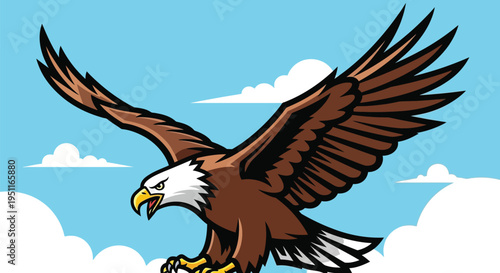 Fierce cartoon bald eagle mascot with spread wings descending dramatically against a bright blue sky
