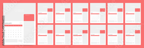 2027 Calendar Photo Template Set. Coral Minimal 2027 Calendar with Monthly Pages and Vertical Layout
