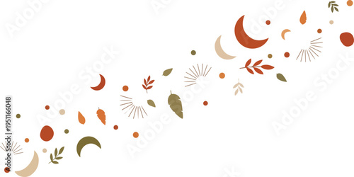 Seamless pattern with various abstract autumn shapes, leaves, moons, and dots in warm colors