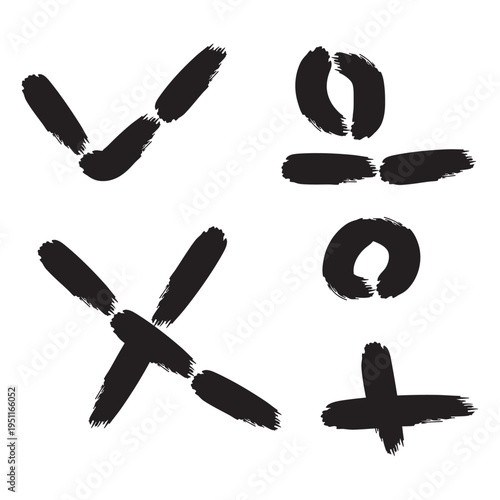 A collection of hand-drawn brush stroke symbols including a checkmark, a minus sign, an 'x' mark, and a plus sign