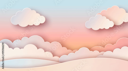 Dreamy Pastel Papercut Landscape Illustration with Fluffy Clouds and Soft Layered Hills Under a Serene Sky, Ideal for Whimsical Backgrounds or Children's Art Projects