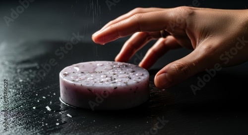 Hand Reaching for Lavender Soap on Black Surface with Water Droplets