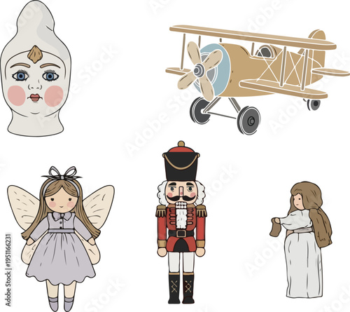 Set of classic toys and figurines including a doll head, biplane, fairy doll, nutcracker, and shepherdess