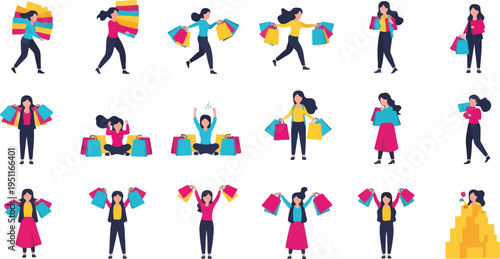 Set of women with shopping bags. female characters carrying purchases, enjoying sale, happy shoppers in various poses