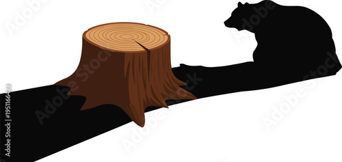 Silhouette of bear standing on fallen tree trunk near cut stump symbolizing deforestation and habitat loss for wildlife
