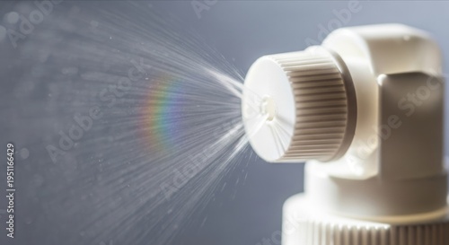 Close-up of Spray Bottle Nozzle with Water Mist and Rainbow Effect