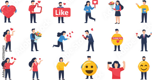 Social media engagement set with characters holding heart like symbols flowers and thank you signs for online community