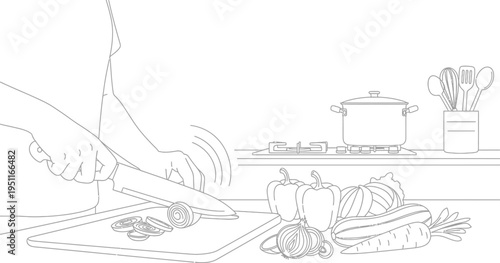 A detailed line illustration showing a person's hands skillfully chopping fresh onions on a cutting board, preparing ingredients for a healthy meal.