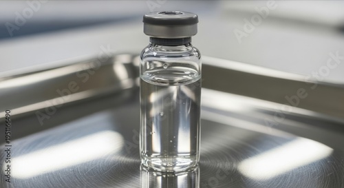 Clear Glass Vial with Fluid on a Stainless Steel Tray Surface