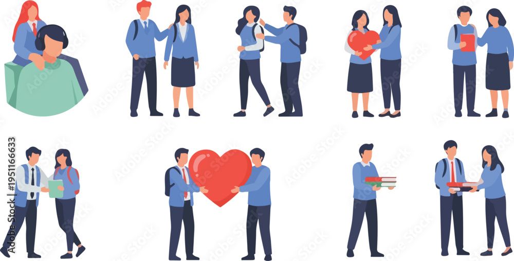 Fototapeta premium Students in school uniforms socializing and helping each other set of flat vector illustrations on transparent background