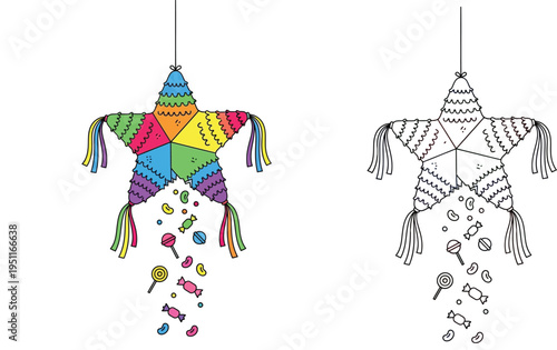 Colorful Mexican star pinata breaking with falling candies and black outline coloring book page vector illustration