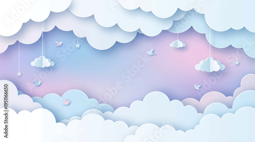 Dreamy pastel papercut sky with fluffy clouds, birds, and hanging decorations, evoking a sense of peace and wonder