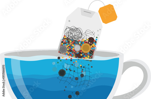 Tea bag steeping in blue water, colorful tea leaves and strings, close up, macro, beverage preparation, refreshing drink, hot beverage