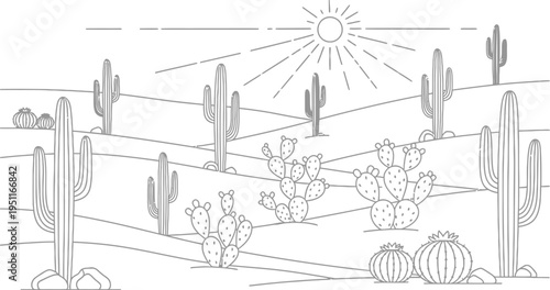 Minimalist black and white line art illustration of a desert landscape featuring various types of cacti under a shining sun.