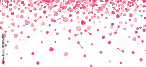 Valentine's day abstract background with falling pink hearts and cupid arrows on a transparent checkerboard
