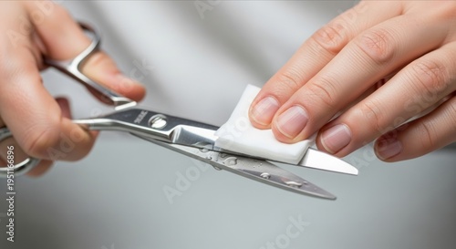 Person Cleaning Scissors with Cotton Pad for Safe Usage and Maintenance