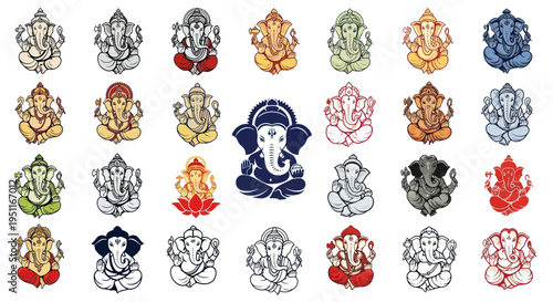 Ganesha Icons Collection: Diverse Styles and Colors of Hindu Deity