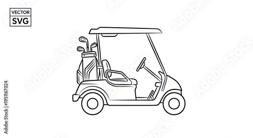 Golf Cart with Clubs and Bag, Line Art Vector Illustration